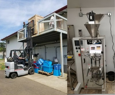 (Left - Xanthic’s equipment being installed at Green Mile Enterprises' Oregon facility; Right - the “form, fill, seal” machine after installation) (CNW Group/Xanthic BioPharma)